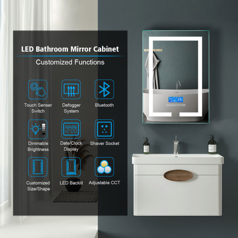 Bluetooth Led smart bathroom mirror cabinet with temperature and clock ...