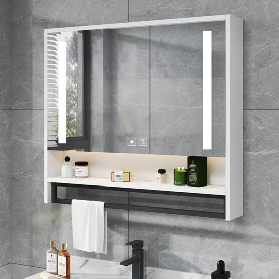 Luxury design aluminum led light grey bathroom mirror cabinet with towel rack