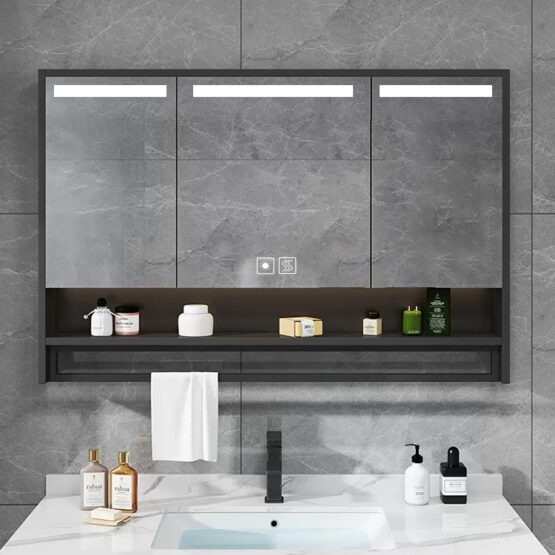 Modern design aluminum led light bathroom mirror cabinet with towel rack